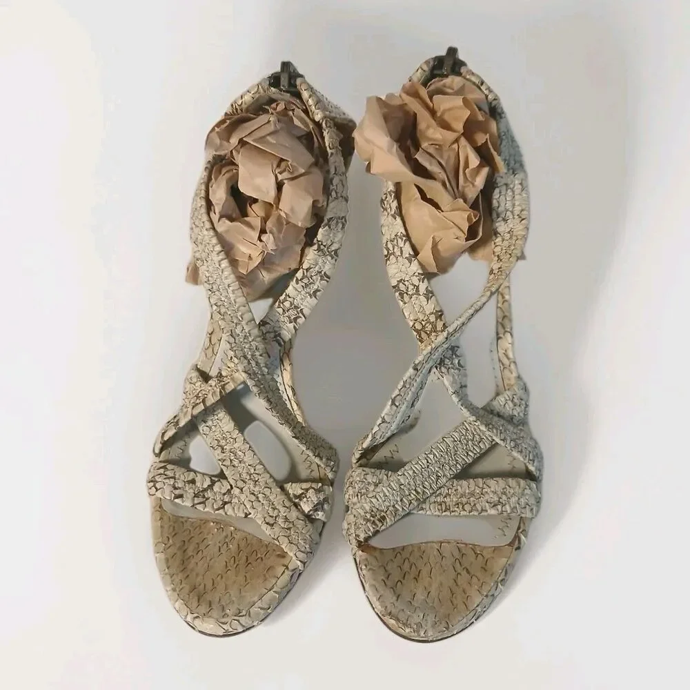 Burberry Snakeskin Embossed Leather Heels Sandals Zip Back Beige Brown US 6